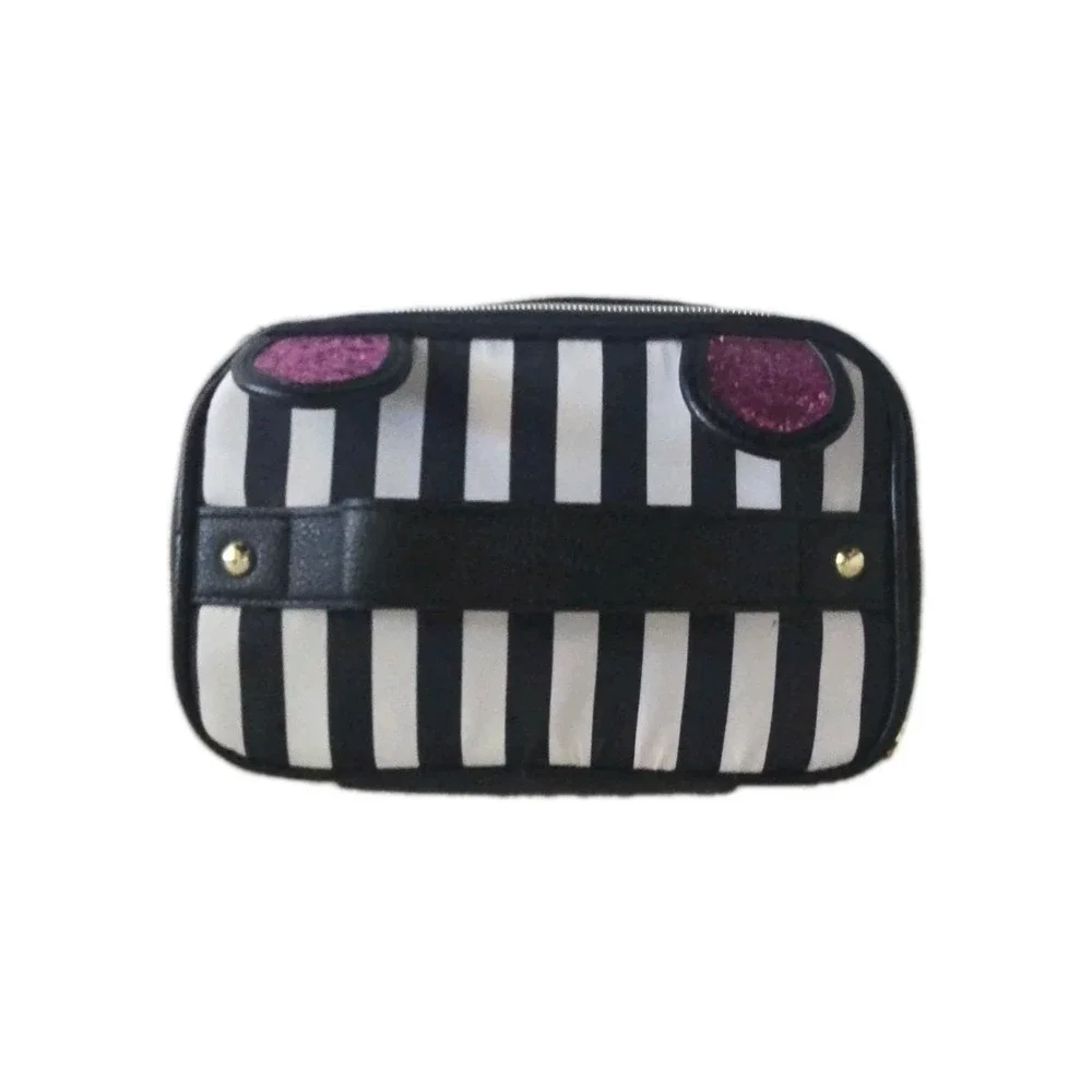 Betsey Johnson Stripe Cat Makeup Bag Pink Glitter Ears Train Case Cosmetic Pouch